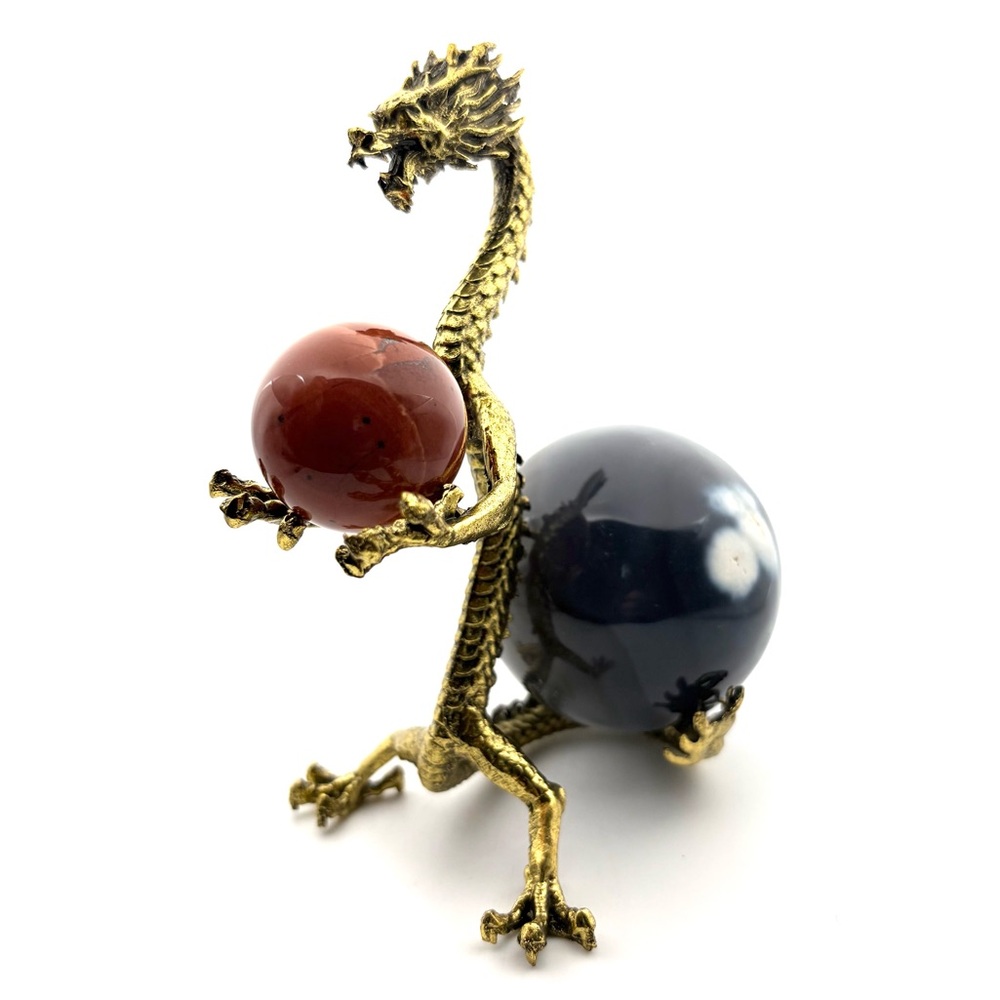 Metal Dragon Display Stand with Red Jasper & Orca Agate Crystal Spheres